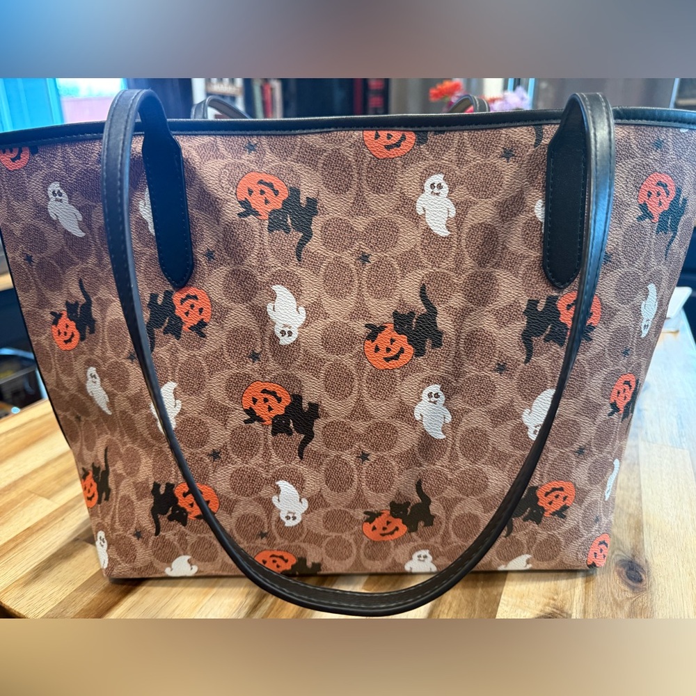 COACH Brown Halloween Pumpkin & Ghost Signature Tote with Black Trim - Picture 4 of 6